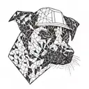 A geometric pattern incorporating the silhouette of a dog in a civil engineer's hardhat tattoo design idea