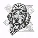 A geometric pattern incorporating the silhouette of a dog in a civil engineer's hardhat tattoo design idea