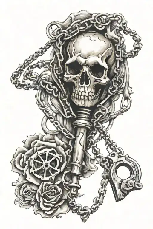 long beaded chain with simple skeleton key  tattoo design idea
