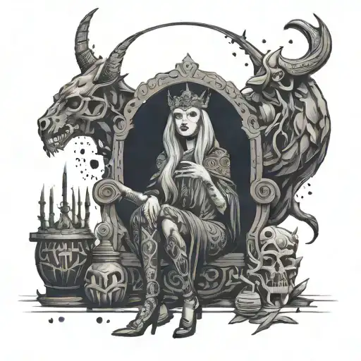 A powerful witch queen sitting on a throne, surrounded by Viking artifacts and symbols of black magic tattoo design idea