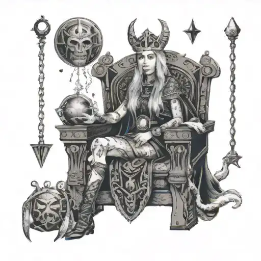 A powerful witch queen sitting on a throne, surrounded by Viking artifacts and symbols of black magic tattoo design idea