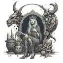 A powerful witch queen sitting on a throne, surrounded by Viking artifacts and symbols of black magic tattoo design idea