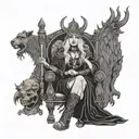 A powerful witch queen sitting on a throne, surrounded by Viking artifacts and symbols of black magic tattoo design idea