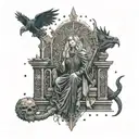 A powerful witch queen sitting on a throne, surrounded by Viking artifacts and symbols of black magic tattoo design idea