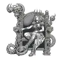 A powerful witch queen sitting on a throne, surrounded by Viking artifacts and symbols of black magic tattoo design idea