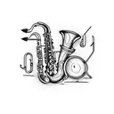 A saxophone and drum set intertwined with musical notes tattoo design idea