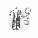 A saxophone and drum set intertwined with musical notes tattoo design idea