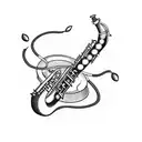 A saxophone and drum set intertwined with musical notes tattoo design idea