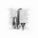 A saxophone and drum set intertwined with musical notes tattoo design idea