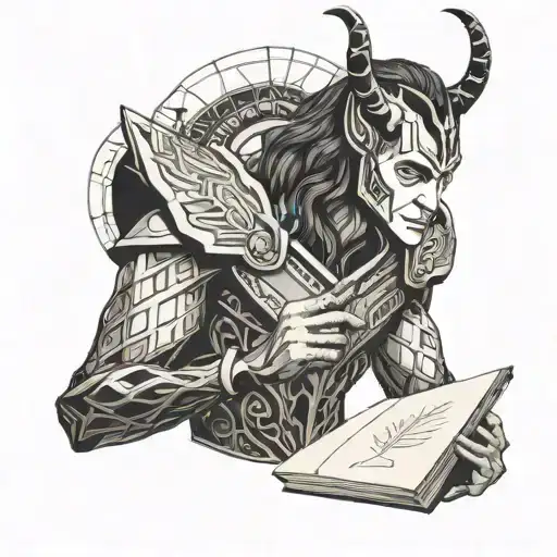 traditional loki holding a notepad and calulator in either hand tattoo design idea