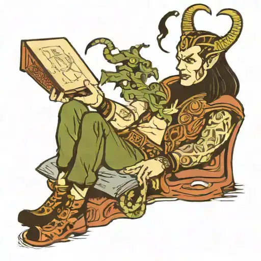 traditional loki holding a notepad and calulator in either hand tattoo design idea