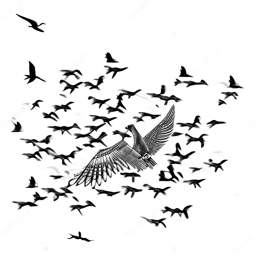An intricate chain breaking apart, revealing a flock of birds in flight, symbolizing the release from constraints tattoo design idea