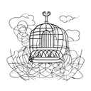 A minimalist tattoo of a birdcage with an open door, representing liberation tattoo design idea