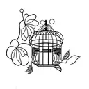 A minimalist tattoo of a birdcage with an open door, representing liberation tattoo design idea