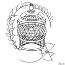A minimalist tattoo of a birdcage with an open door, representing liberation tattoo design idea
