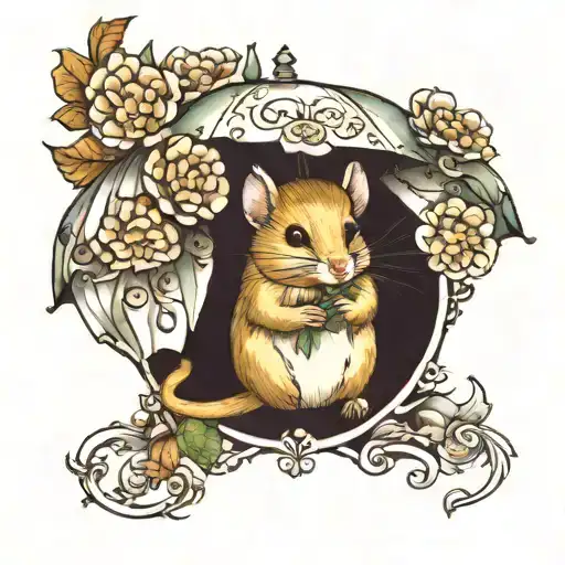 dormouse under a flower umbrella tattoo design idea