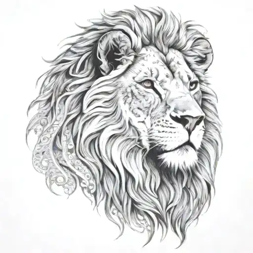A detailed pencil drawing of a majestic lion, with intricate shading and line work tattoo design idea