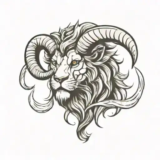 an angry Lion head with the horns of a ram tattoo design idea