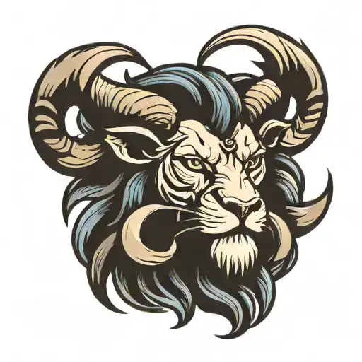 an angry Lion head with the horns of a ram tattoo design idea