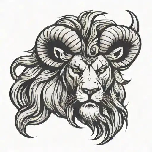 an angry Lion head with the horns of a ram tattoo design idea
