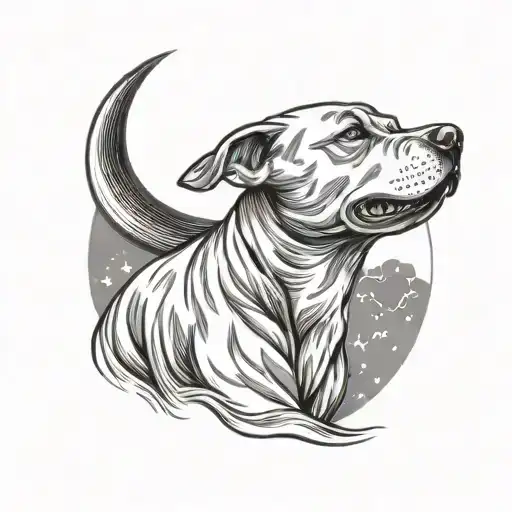 A tattoo design of a silhouette of your dog Pepper (white pitbull with black spot above left eye) howling at the moon tattoo design idea