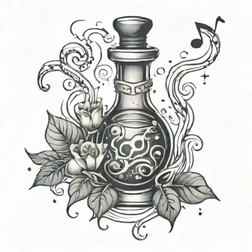 A mystical tattoo of a magical potion bottle with music notes and spell ingredients tattoo design idea