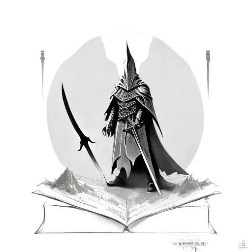 Nazgul holds a sword. In the background is an inscription in a dark language tattoo design idea