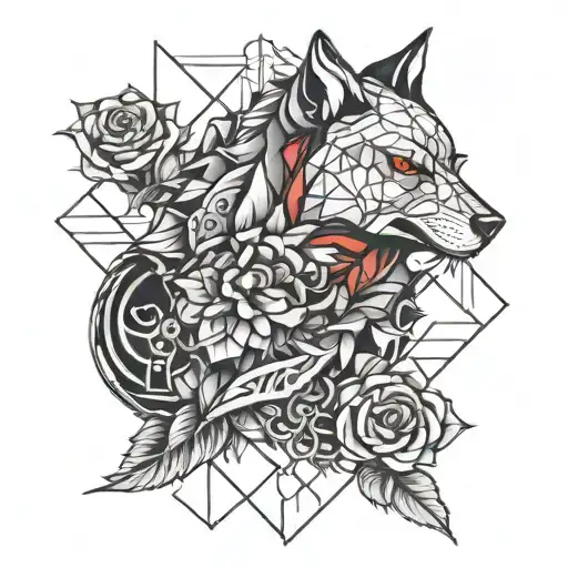 red rose wolf and samurai warrior tattoo design idea