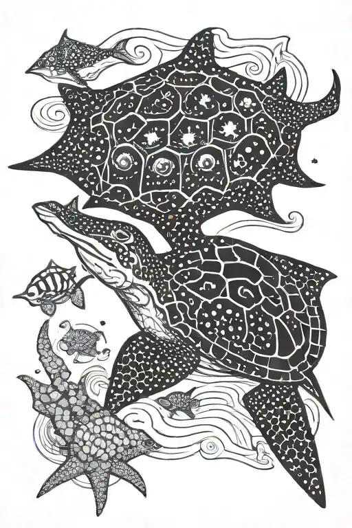 Scuba diver, spotted eagle ray, sea turtle swimming tattoo design idea