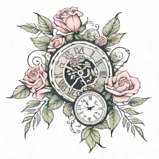 pink rose, green willow tree, gradfather clocks  tattoo design idea