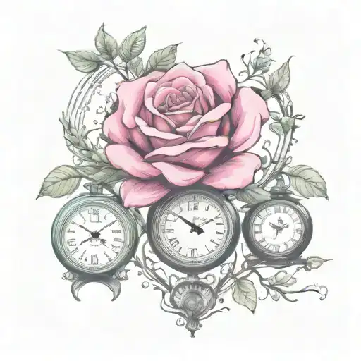 pink rose, green willow tree, gradfather clocks  tattoo design idea
