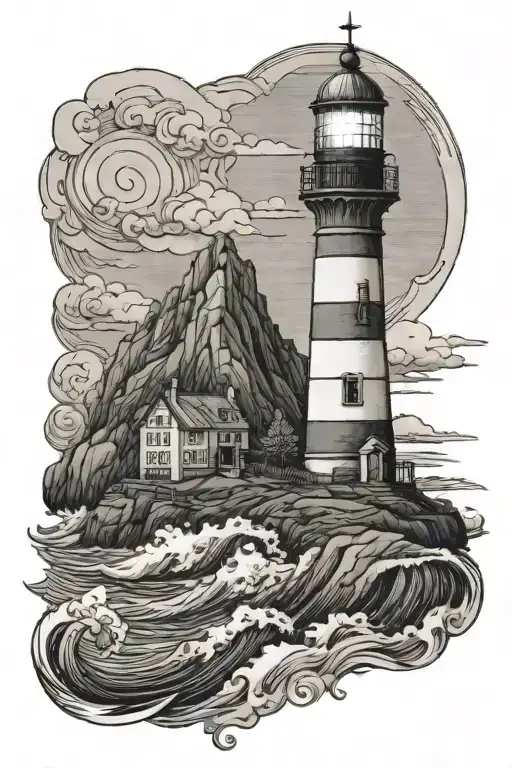 lighthouse on a hill overlooking the ocean waves tattoo design idea