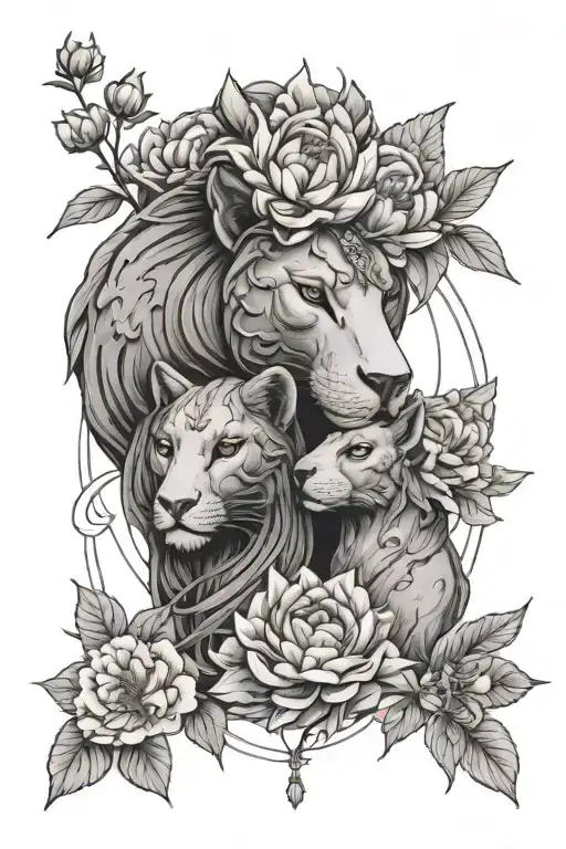 goddess bakhmet and sekhmet with peonies and sakura on the background tattoo design idea