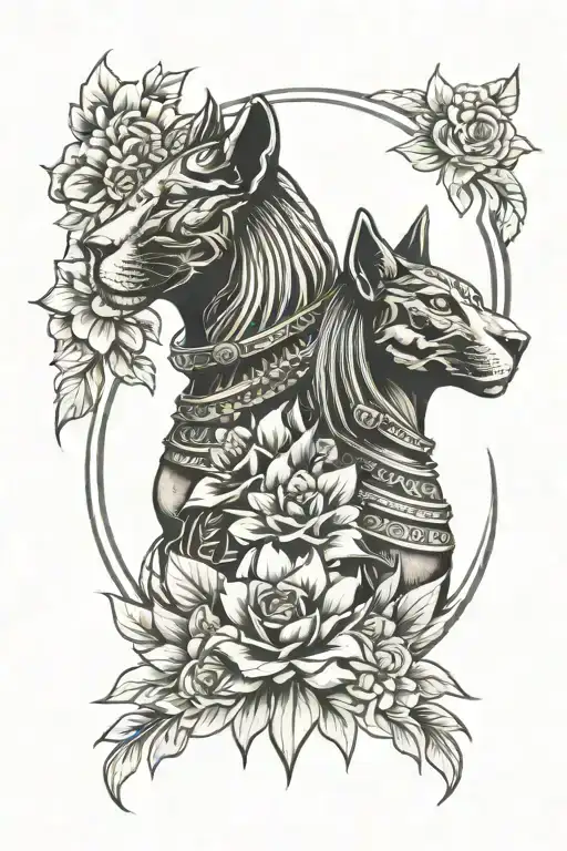 goddess bakhmet and sekhmet with flowers tattoo design idea