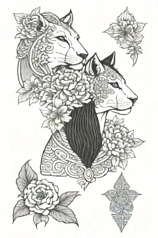 goddess bakhmet and sekhmet with peonies and sakura some graphics tattoo design idea