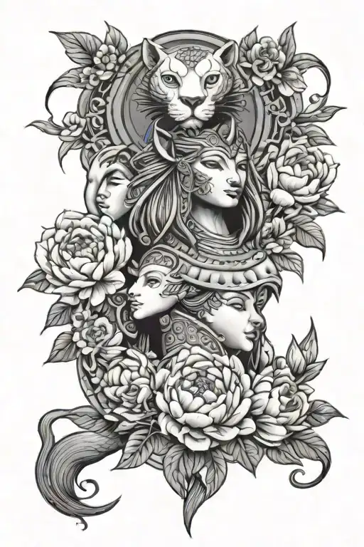 goddess bakhmet and sekhmet with peonies and sakura some graphics tattoo design idea