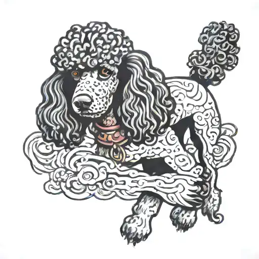 Full left arm tattoo with a black poodle dog, with shadows and covering the entire arm tattoo design idea