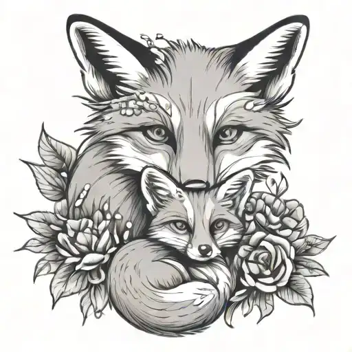 fox mother and baby with flowers tattoo design idea