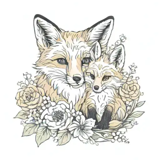 fox mother and baby with flowers tattoo design idea