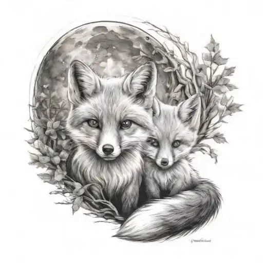 baby fox mother fox mystical moonlit forest tattoo design idea
