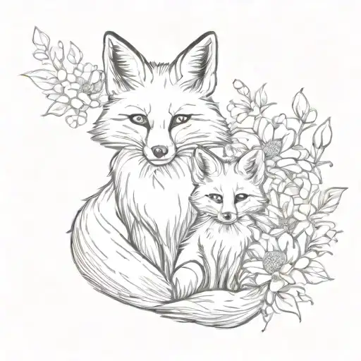 fox mother and baby with flowers tattoo design idea