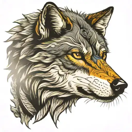 A traditional style wolf with sun rays emanating from its eyes tattoo design idea