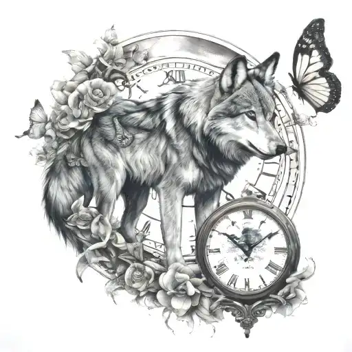 wolf clock  moon and butterflies  tattoo design idea