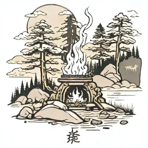 camp fire in forest landscape tattoo design idea