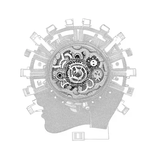 A detailed illustration of a brain with gears and cogs inside, representing the complexity of the mind and the passion for cerebral pursuits. tattoo design idea