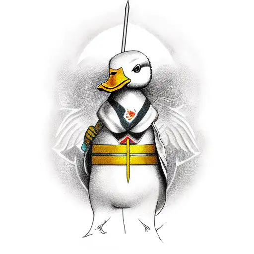 A duck holding a big sword and a text that says "do you even realize how fucked you are right now" tattoo design idea