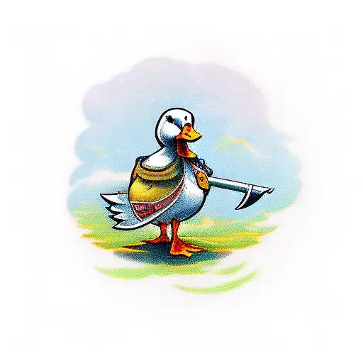 A duck holding a big sword and a text that says "do you even realize how fucked you are right now" tattoo design idea