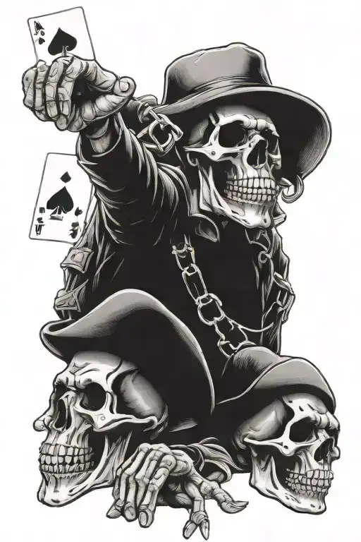 Speak no evil, see no evil, hear no evil. As skulls with hands.  4 ace cards, with western gun black and white  tattoo design idea