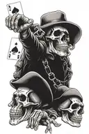 Speak no evil, see no evil, hear no evil. As skulls with hands.  4 ace cards, with western gun black and white  tattoo design idea
