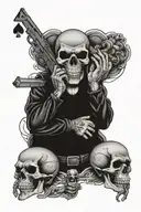 Speak no evil, see no evil, hear no evil. As skulls with hands.  4 ace cards, with western gun black and white  tattoo design idea